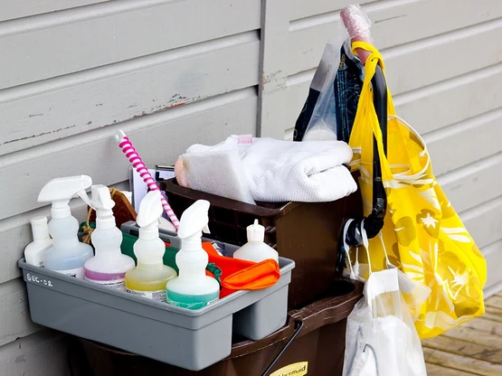 Putzwagen mit Reinigungsmitteln, Tüchern und Putzhandschuhen vor Holzwand.