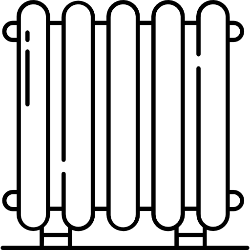 Stilisierte schwarz-weiße Grafik eines Heizkörpers als Symbol für Heizung und Wärme.